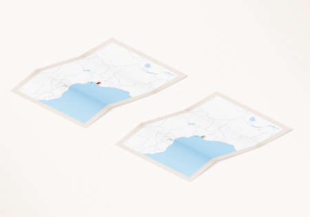 Two versions of a folded map of Equatorial Guinea with the flag of the country of Equatorial Guinea...