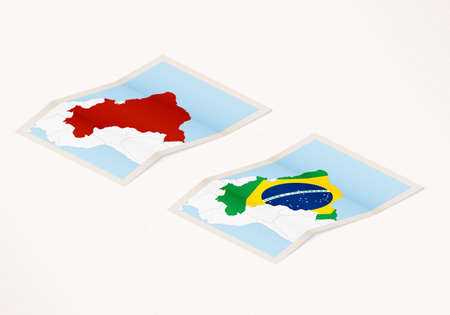 Two versions of a folded map of Brazil with the flag of the country of Brazil and with the red color highlighted. Set of isometric vector maps.のイラスト素材
