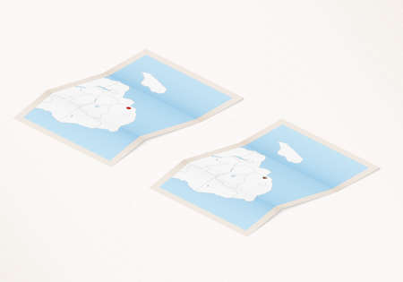 Two versions of a folded map of Swaziland with the flag of the country of Swaziland and with the red color highlighted. Set of isometric vector maps.のイラスト素材