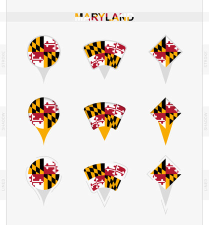 Maryland flag, set of location pin icons of Maryland flag. Vector illustration of national symbols.のイラスト素材