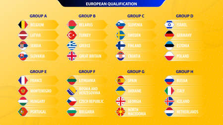 2023 Basketball tournament European Qualification sorted by group. Vector flag collection.のイラスト素材