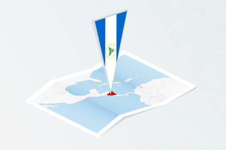 Isometric paper map of Nicaragua with triangular flag of Nicaragua in isometric style. Map on topographic background. Vector illustration.のイラスト素材