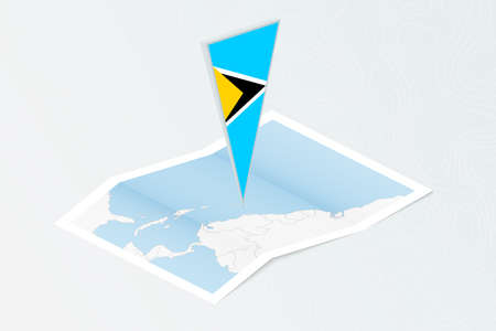 Isometric paper map of Saint Lucia with triangular flag of Saint Lucia in isometric style. Map on topographic background. Vector illustration.のイラスト素材