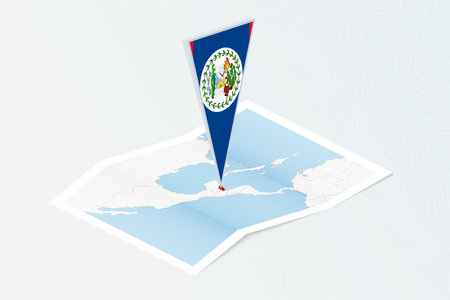 Isometric paper map of Belize with triangular flag of Belize in isometric style. Map on topographic background. Vector illustration.のイラスト素材