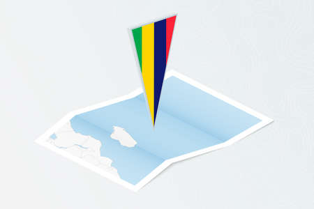 Isometric paper map of Mauritius with triangular flag of Mauritius in isometric style. Map on topographic background. Vector illustration.のイラスト素材