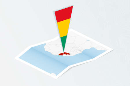 Isometric paper map of Guinea with triangular flag of Guinea in isometric style. Map on topographic background. Vector illustration.のイラスト素材