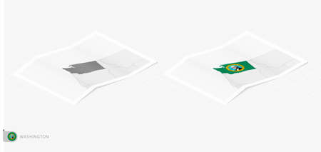 Set of two realistic map of Washington with shadow. The flag and map of Washington in isometric style. Vector template.のイラスト素材