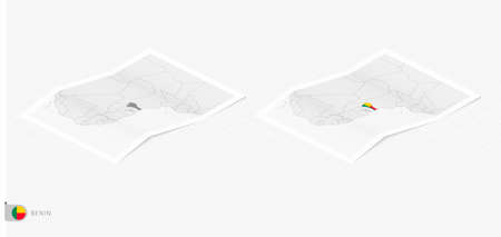 Set of two realistic map of Benin with shadow. The flag and map of Benin in isometric style. Vector template.のイラスト素材