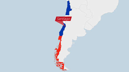 Chile map highlighted in Chile flag colors and pin of country capital Santiago, map with neighboring American countries.のイラスト素材