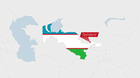 Uzbekistan map highlighted in Uzbekistan flag colors and pin of country capital Tashkent, map with neighboring Asian countries.のイラスト素材
