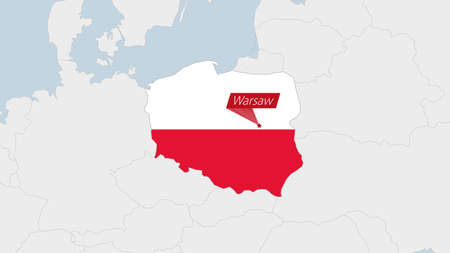 Poland map highlighted in Poland flag colors and pin of country capital Warsaw, map with neighboring European countries.のイラスト素材