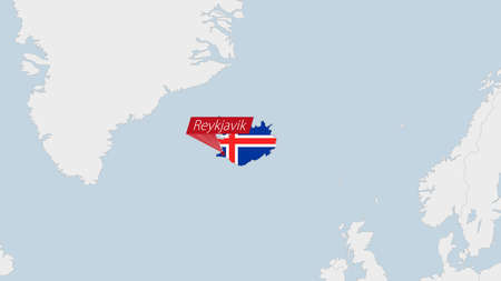 Iceland map highlighted in Iceland flag colors and pin of country capital Reykjavik, map with neighboring European countries.のイラスト素材