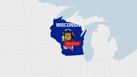 US State Wisconsin map highlighted in Wisconsin flag colors and pin of country capital Madison, map with neighboring States.のイラスト素材