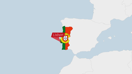 Portugal map highlighted in Portugal flag colors and pin of country capital Lisbon, map with neighboring European countries.のイラスト素材