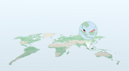 World map in perspective showing the location of the country Malaysia with detailed map with flag of Malaysia. Vector illustration.のイラスト素材