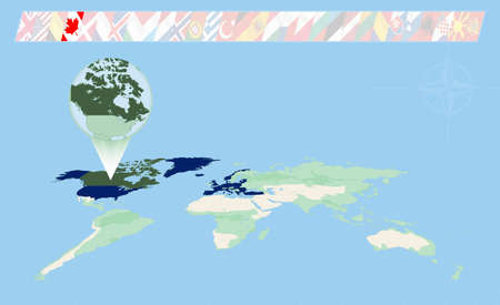 Canada member of North Atlantic Alliance selected on perspective World Map. Flags of 30 members of alliance. Vector illustration.のイラスト素材