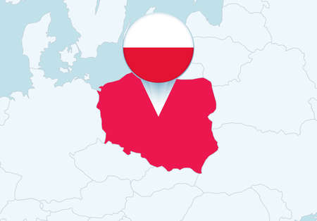Europe with selected Poland map and Poland flag icon. Vector map and flag.のイラスト素材