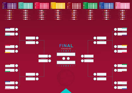 Football results table, countries flags participating in soccer tournament 2022. Tournament bracket template for print or web. Vector illustration.のイラスト素材