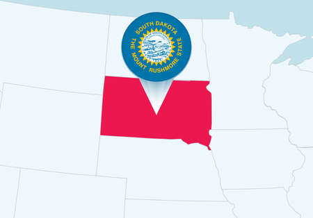 United States with selected South Dakota map and South Dakota flag icon. Vector map and flag.のイラスト素材