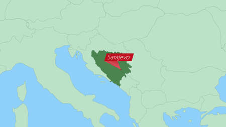 Map of Bosnia and Herzegovina with pin of country capital. Bosnia and Herzegovina Map with neighboring countries in green color.のイラスト素材