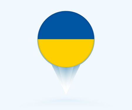 Map pointer with flag of Ukraine. Vector flag sign on blue background.のイラスト素材