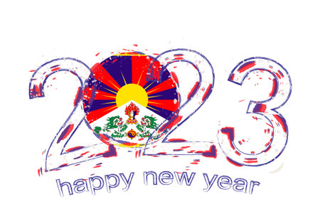 2023 Year in grunge style with flag of Tibet. Holiday grunge vector illustration.のイラスト素材