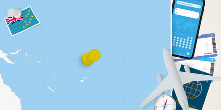 Travel to Tuvalu concept, map with pin on map of Tuvalu. Vacation preparation map, flag, passport and tickets. Vector illustration in flat design.のイラスト素材