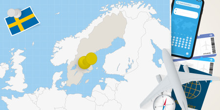 Travel to Sweden concept, map with pin on map of Sweden. Vacation preparation map, flag, passport and tickets. Vector illustration in flat design.のイラスト素材