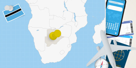 Travel to Botswana concept, map with pin on map of Botswana. Vacation preparation map, flag, passport and tickets. Vector illustration in flat design.のイラスト素材