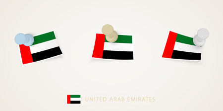 Pinned flag of United Arab Emirates in different shapes with twisted corners. Vector pushpins top view. Flag set.のイラスト素材