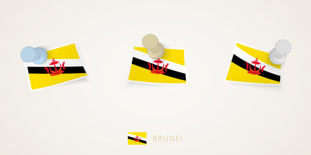 Pinned flag of Brunei in different shapes with twisted corners. Vector pushpins top view. Flag set.のイラスト素材