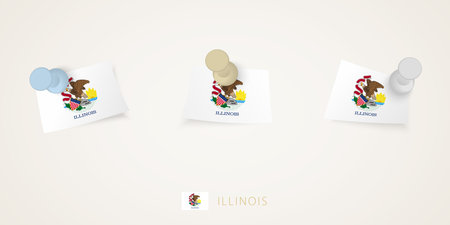 Pinned flag of Illinois in different shapes with twisted corners. Vector pushpins top view. Flag set.のイラスト素材