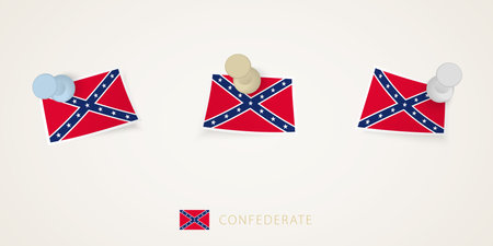 Pinned flag of Confederate in different shapes with twisted corners. Vector pushpins top view. Flag set.のイラスト素材