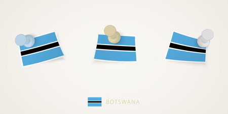 Pinned flag of Botswana in different shapes with twisted corners. Vector pushpins top view. Flag set.のイラスト素材