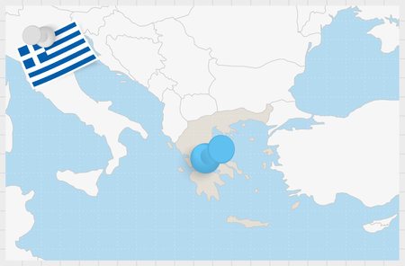 Map of Greece with a pinned blue pin. Pinned flag of Greece, vector illustration.のイラスト素材