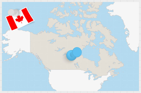 Map of Canada with a pinned blue pin. Pinned flag of Canada, vector illustration.のイラスト素材