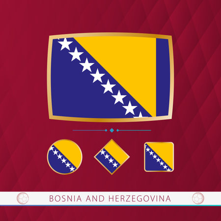 Set of Bosnia and Herzegovina flags with gold frame for use at sporting events on a burgundy abstract background. Vector collection of flags.のイラスト素材