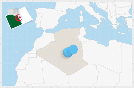 Map of Algeria with a pinned blue pin. Pinned flag of Algeria, vector illustration.のイラスト素材