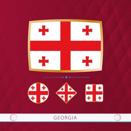 Set of Georgia flags with gold frame for use at sporting events on a burgundy abstract background. Vector collection of flags.のイラスト素材