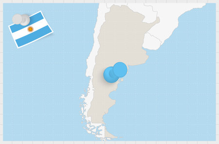 Map of Argentina with a pinned blue pin. Pinned flag of Argentina, vector illustration.のイラスト素材