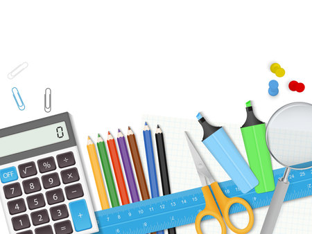 School stationery on with background, Back to School vector concept. Vector background.のイラスト素材