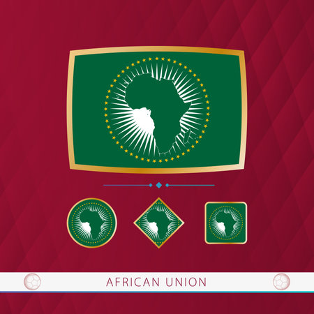 Set of African Union flags with gold frame for use at sporting events on a burgundy abstract background. Vector collection of flags.のイラスト素材