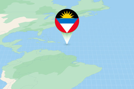 Map illustration of Antigua and Barbuda with the flag. Cartographic illustration of Antigua and Barbuda and neighboring countries. Vector map and flag.のイラスト素材