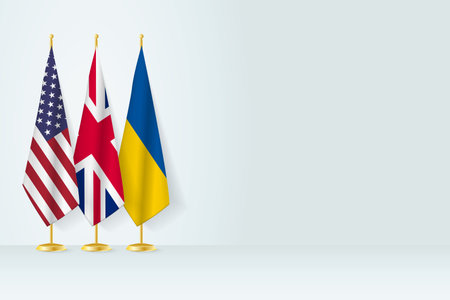 Flags of United States, United Kingdom and Ukraine stand in row on indoor flagpole.  Vector illustration.のイラスト素材