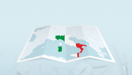 Map of Italy with the flag of Italy in the contour of the map on a trip abstract backdrop. Travel illustration.のイラスト素材