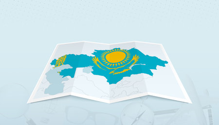 Map of Kazakhstan with the flag of Kazakhstan in the contour of the map on a trip abstract backdrop. Travel illustration.のイラスト素材
