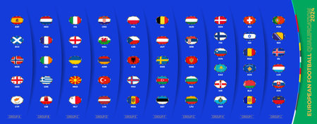 Collection of icon with flags of European football tournament 2024 qualifying sorted by group. Big...