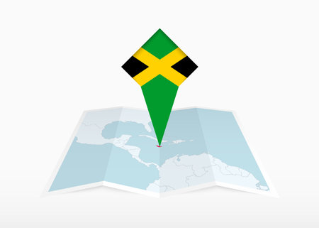 Jamaica is depicted on a folded paper map and pinned location marker with flag of Jamaica. Folded vector map.のイラスト素材