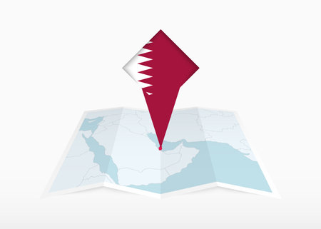 Qatar is depicted on a folded paper map and pinned location marker with flag of Qatar. Folded vector map.のイラスト素材
