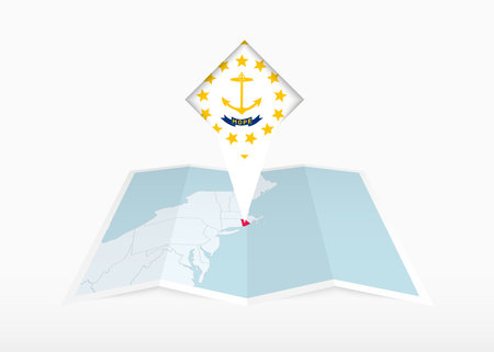 Rhode Island is depicted on a folded paper map and pinned location marker with flag of Rhode Island. Folded vector map.のイラスト素材